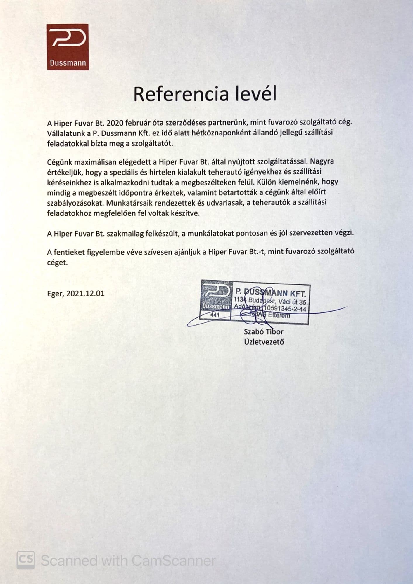 A P. Dussmann Kft. aláírt, lepecsételt referencialevele a Hiper Fuvarról, Eger, 2021.12.01.